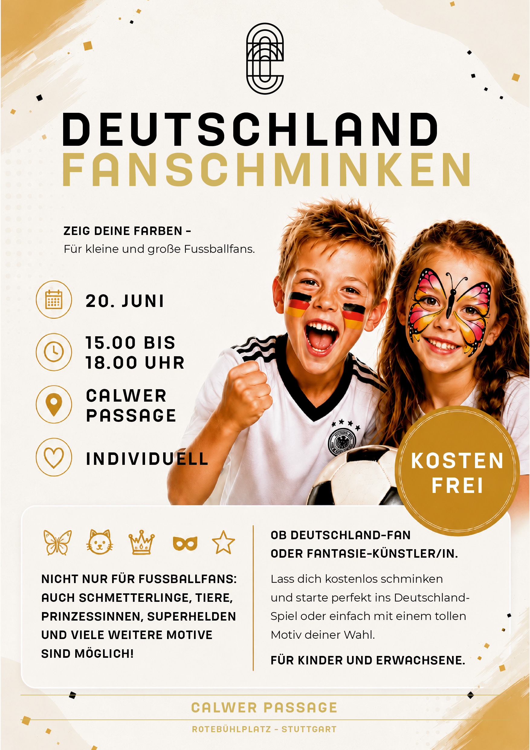 Ankündigung Fan schminke für Kinder mit energischem Jungen und lachendem Mädchen in der Calwer Passage Stuttgart